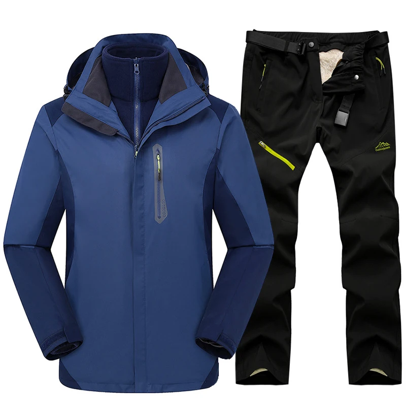 Лыжный костюм для мужчин зимний теплый ветрозащитный водонепроницаемый Спорт на открытом воздухе зимние куртки и брюки Горячая Лыжная Экипировка для мужчин t сноуборд куртка для мужчин бренд - Цвет: Navy blue   Black