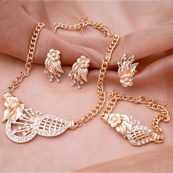 

Elegant Angel Wings Jewelry Sets Gold Color Flower Necklace Earring Bracelet Ring Sets For Women Wedding Crystal Jewelry Gift