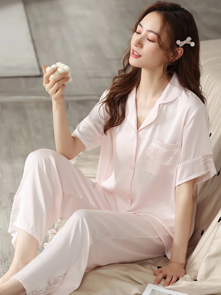 2021 New Summer Ice Silk Pajamas Set for Women Short-sleeve Pyjamas Suit Home Clothes Sleepwear Female Summer Short Pijama Mujer