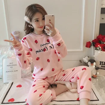 

2020 Winter Long Sleeve Thick Warm Flannel Pajama Sets for Women Coral Velvet Print Sleepwear Pijama Mujer Homewear Home Clothes