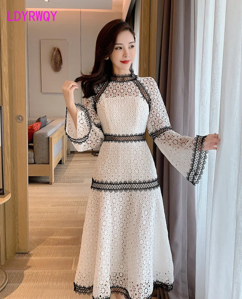 

2020 New Contrast Lace Hollow Waist Slimming Long Sleeve Dress Office Lady Polyester Zippers Regular Knee-Length