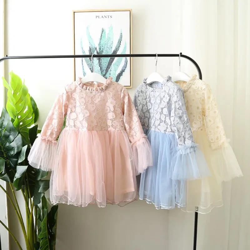Новое осеннее кружевное Сетчатое платье с длинными рукавами в Корейском стиле для девочек, 3 цвета. 10 шт./партия