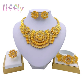 

Liffly New Nigerian Wedding African Costume Jewelry Set Dubai Gold Neckace for Women Party Ethiopia Jewelry Sets