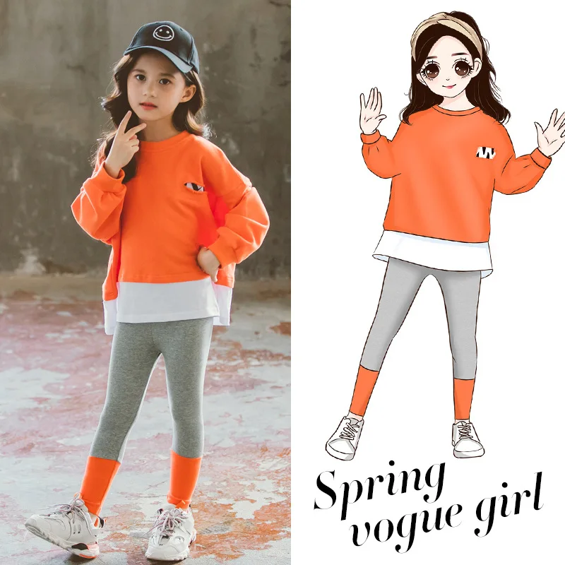 

2020 Spring Girls Children Long Sleeve Two Pieces Big Boy Western Style Trend Printed Letter with Holes Leggings Set