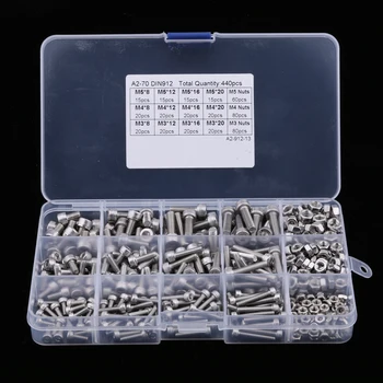 

440pcs M3 M4 M5 Stainless Steel 304 Hex Socket Button Head Bolts Screws Nuts Assortment Kit with Storage Box