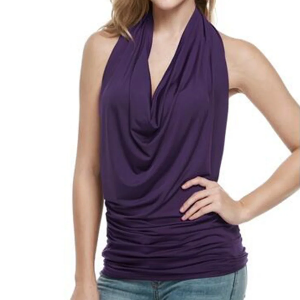 Draped Loose Women Tank Top Sexy Backless Sleeveless Deep V Travel Party Dating Daily Wear Soft Solid Halter Neck
