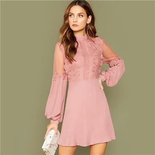 Розовый Dotfashion, розовое гипюровое кружевное платье, для женщин, весна, Сетчатое платье-фонарь, рукав, мини-платья, для девушек, однотонное платье в стиле пэчворк - Цвет: Розовый