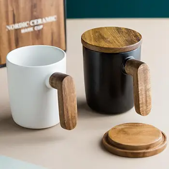 

Solid Color Retro Ceramic Coffee Mug With Lid Wooden Handle Ceramic Coffee Milk Cup Couple Coffee Drinkware Drop Shipping
