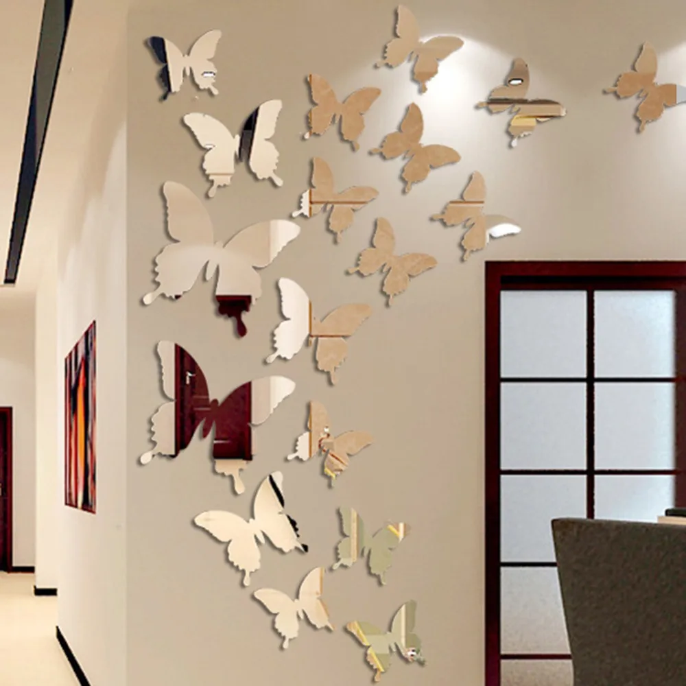 12pcs 3D Butterfly Mirror Wall Sticker Decal Removable DIY Art Party Wedding Decoration Kids Room Home Decor Crystal Sticker 3