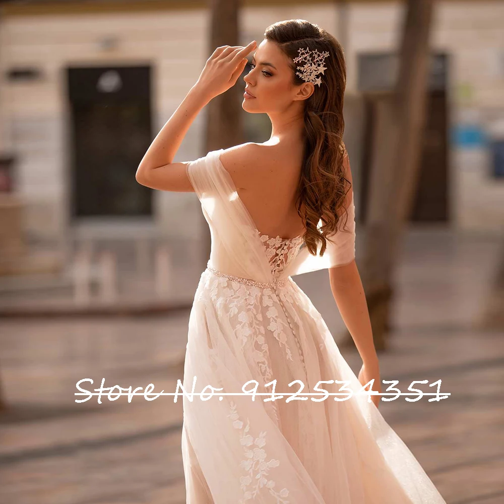 ball gown wedding dress Vestidos de Novia Pearls Beading Waist Wedding Dress Off the Shoulder Elegant Robe de Mariee Backless Simple Hochzeitskleid pink wedding dress