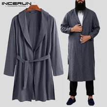 INCERUN, винтажные одноцветные мужские халаты, хлопковые, для фитнеса, длинные халаты, повседневные, с отворотом, с длинным рукавом, кимоно, Мужская домашняя одежда, пижамы, S-3XL