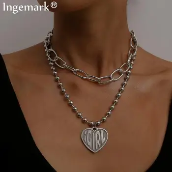 

Gothic Layered Heart Girl Letter Pendant Choker Necklace Steampunk Silver Color Bead Chunky Chain Necklace Collier Women Jewelry