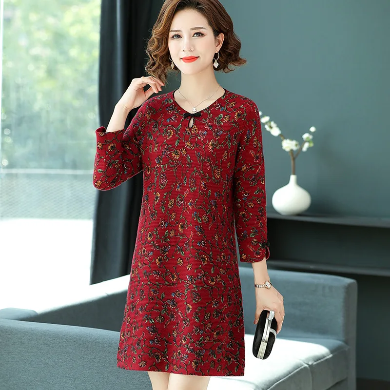 

Improved Edition Cheongsam Mid-length Woollen Sweater Women's Large Size Knit Base Dress Retro Middle-aged Women Dress Autumn An