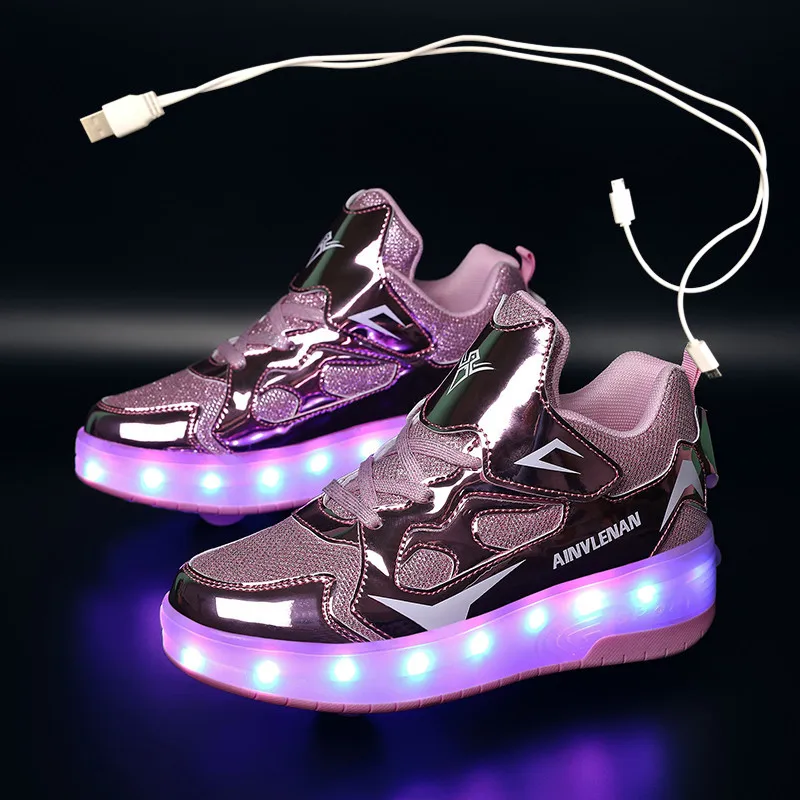 Children Two Wheels Luminous Glowing Sneakers Black Pink Red Led Light Roller Skate Shoes Kids Led Shoes Boys Girls USB Charging 5