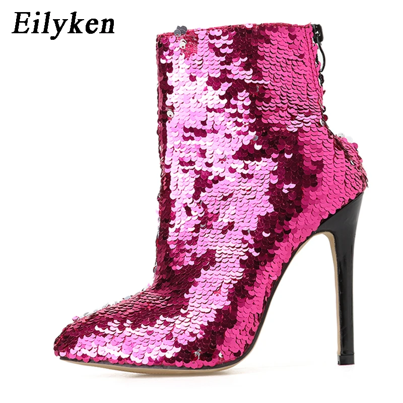 Eilyken/ботильоны с блестками; женские ботинки на высоком каблуке; обувь с острым носком; Женская шикарная Свадебная обувь; женская зимняя обувь