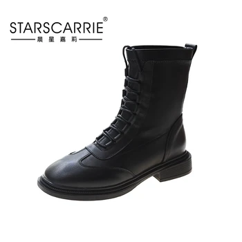 

2020 New Motorcycle Boots Lace Up Women Boots Warm Women Shoes Mid-calf Boots Female Winter Shoes For Martin Boots