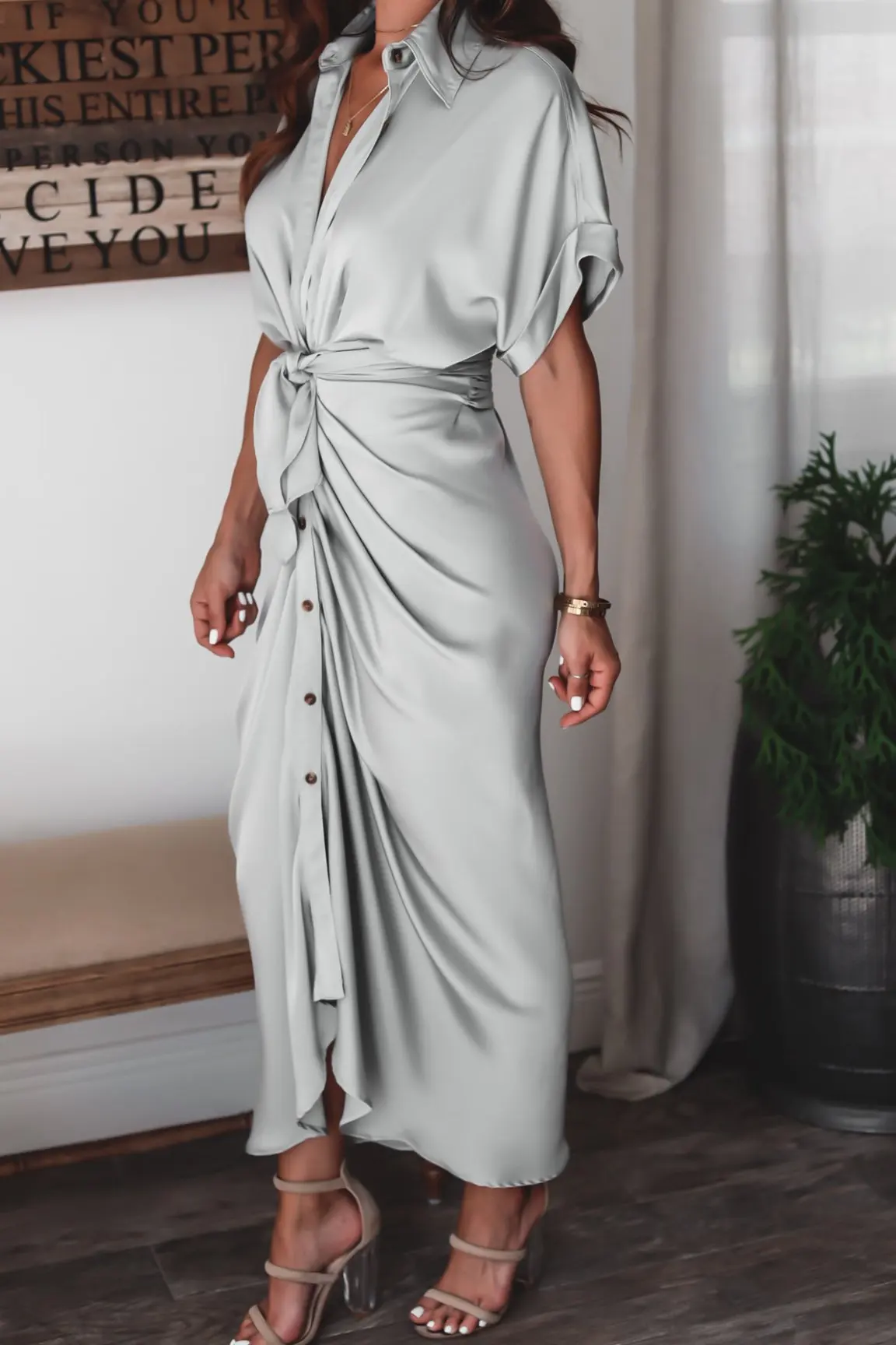 2021 New summer Office lady maxi long dresses satin fashion commuting shirtdresses solid color Casual elegant dress for women dress shops