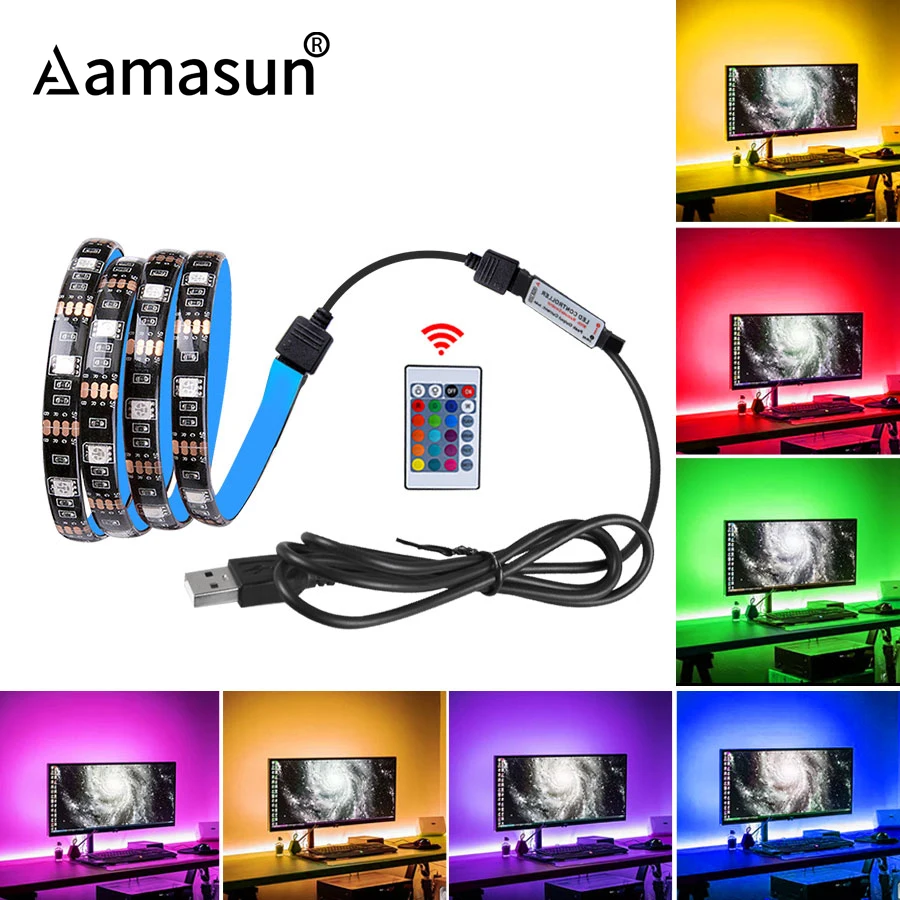 

5V USB LED Night Light 5050 SMD RGB Strip 0.5-3M TV PC Laptop Background Lighting Bedside Closet Kitchen Decor IR Remote 24 KEY