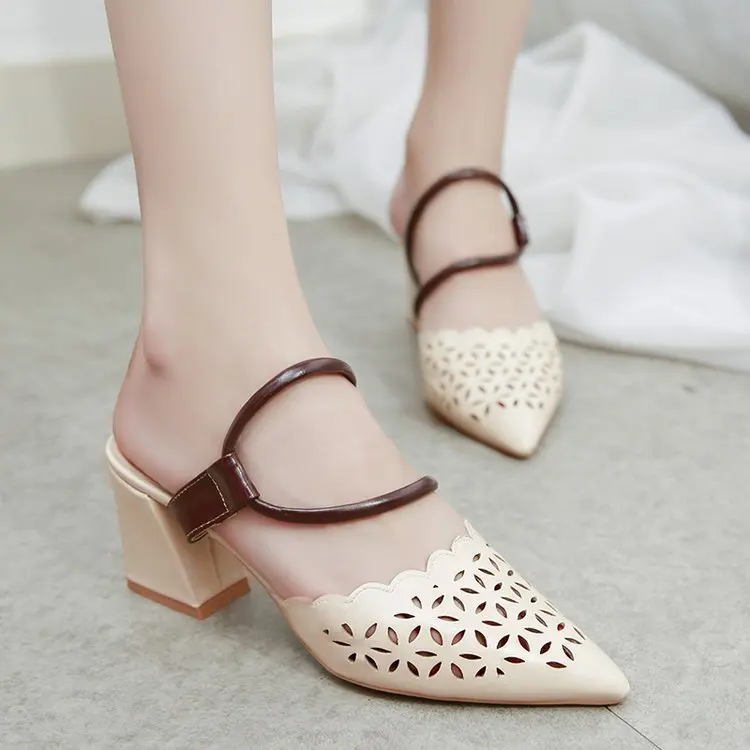 

Summer New Style Korean-style Pointed-Toe Hollow out Breathable Chunky-Heel Ankle Ring Bandage Cloth Fashion Fashion 42 Large Si