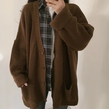 

NORMOV Solid Women Sweaters Autumn Winter Long Sleeve Pockets Single Breasted Polyester Cardigans Casual Loose Sweaters