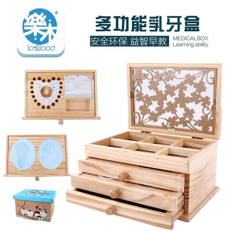 

Wooden Multi-functional Deciduous Teeth Storage Case Baby Teeth ya wu Storage House Frame Hand And Foot Prints Storage Case