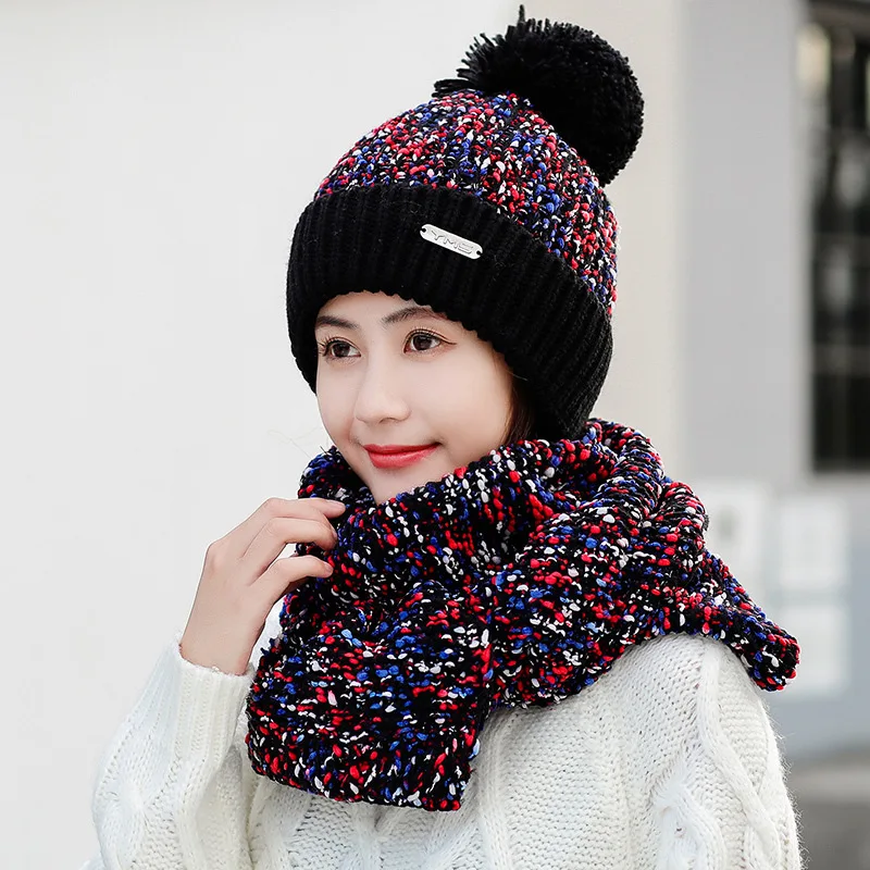 Комплект из зимней шапки и шарфа; женские классические толстые теплые шапки и шарфы в стиле унисекс; зимние аксессуары - Цвет: black