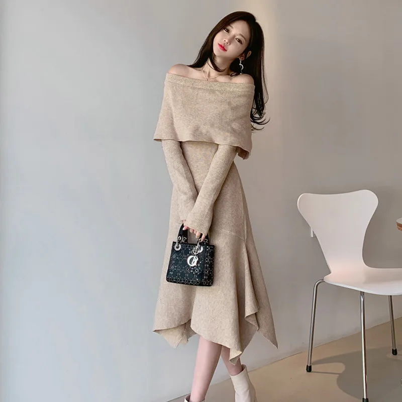

2019 Autumn And Winter New Style Debutante Elegant Horizontal Neck Cloak Mid-length Slim Fit Irregular Knitted Sweater Dress