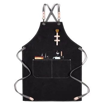 

Adjustable Canvas Apron Leather Fashion Hanging Neck Overalls Hotel Restaurant Cafe Barber Shop Bakery Bar Waiter Work Pinafore