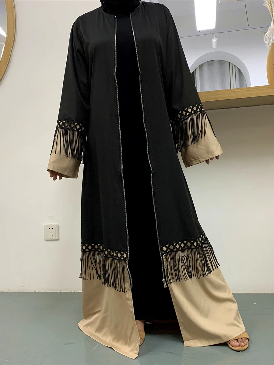 1505#Front Zipper Abaya Tassels Islamic Clothing Turkey Middle East Women Closed Abaya - CHAOMENG MUSLIM SHOP