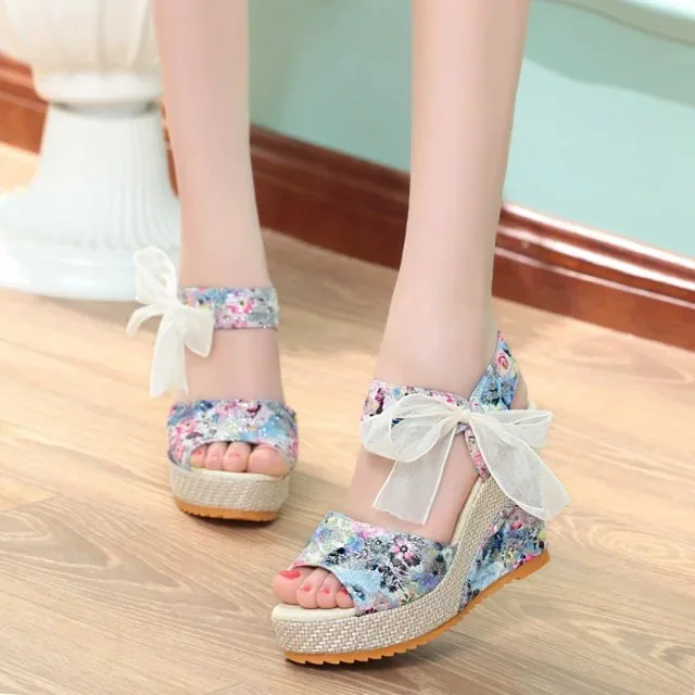 

Bohemian Ethnic Embroidery Lace Bow Lace-up Platform Heel Extra High Casual Fashion Fish Mouth WOMEN'S Sandals