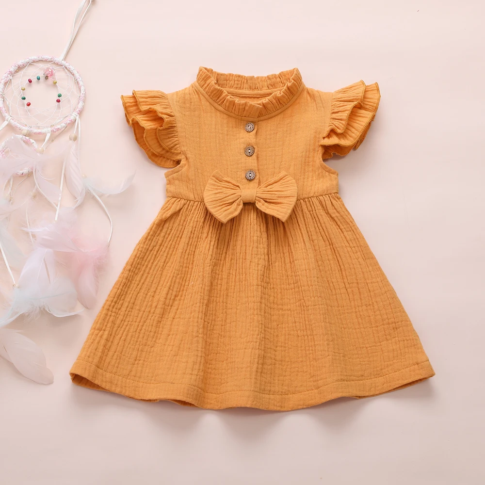 2020 Princess Toddler Kids Baby Girl Dress 1-6Y Solid Linen Button Ruffle Sleeve Turn Down Collar Bow Party A-Line Dress Clothes