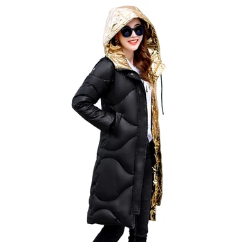 

Female Down Cotton Gold Silver Hooded Parka 2019 New Long Jacket Cotton Plus Size Women Thick Winter Coat Holographic Outerwear