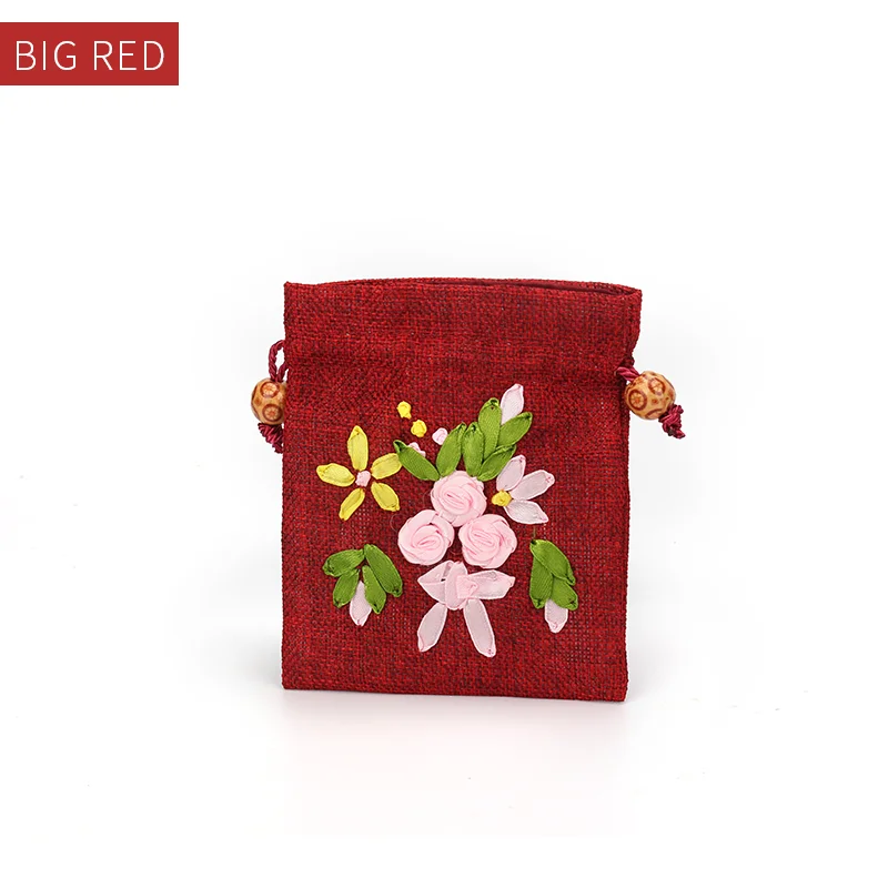 

Cute Red Burlap Embroidered Jewelry Storage Bag Women Earring Pendent Bracelet Ring For Lover Packaging Gift Jewellery Organizer