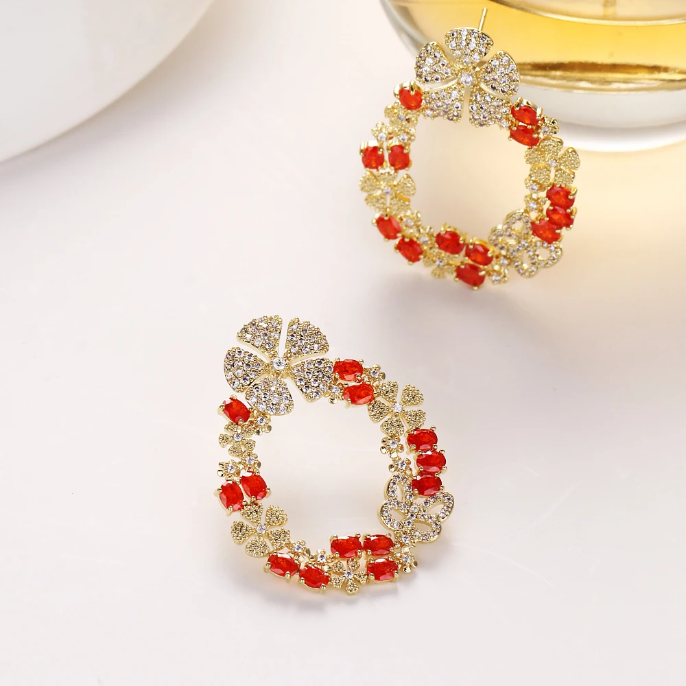 New Luxury Round Flower Women Stud Earrings Inlay Multicolor Zirconia Big Studs for Dubai Wedding Bridal Earing Fashion Jewelry