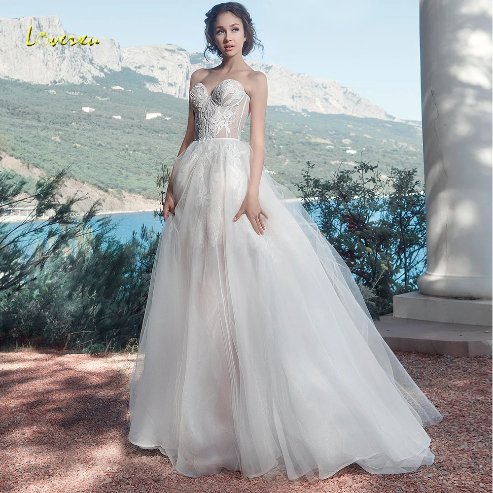 Loverxu совок бальное платье Свадебные платья 2019 аппликации без рукавов платье для невесты без спинки развертки поезд свадебное платье из