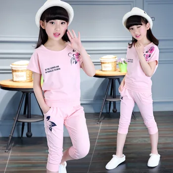 

2020 Summer Girls Clothes Set Children Short Sleeve Flower T-shirt+Shorts 2Pcs Teen Girls Clothing Sports Suit 4 6 8 10 12 Years