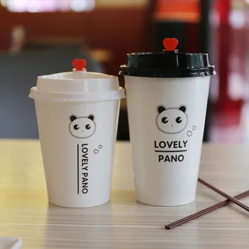 

50pcs Creative panda pattern thick hot drink paper cup party child birthday favor carton juice milk tea packaging cups with lid