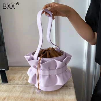 

[BXX] 2020 Summer Solid Color PU Leather Small Bucket Bags For Women Fashion Drawstring Shoulder Handbags Travel Hand Bag HM696
