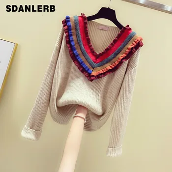 

Autumn New Knitted Ruffled V-neck Sweater Students Loose Pullover Sweater Women Long Sleeve Jumper Outwear Basic Coat