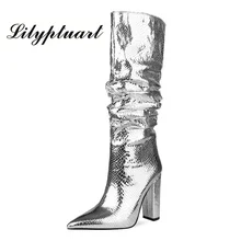 Europejski i amerykański styl gruby obcas krotnie wysokie buty boczny zamek błyskawiczny buty damskie srebrne buty duże rozmiary obuwie damskie zimowe