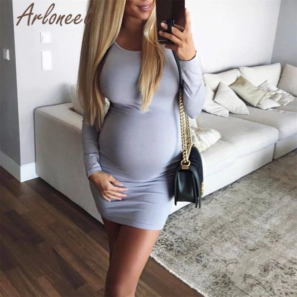 Одежда arloneet, женское платье для беременных, длинный рукав, однотонное полиэфирное платье, высокая эластичность, осень, сексуальное женское платье pregnanct Vestidos