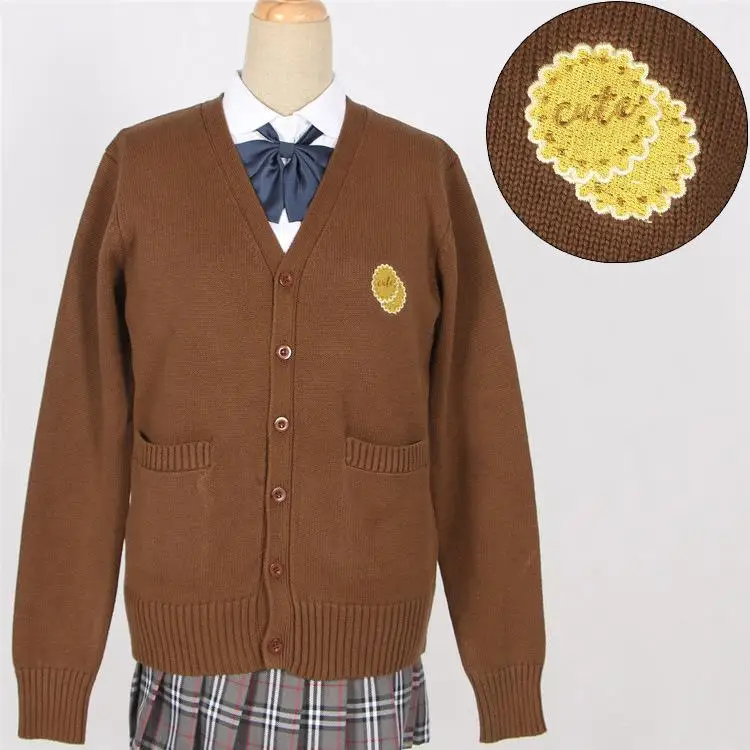 Японский милый вязаный свитер школьная форма s вышивка Kawaii японская школьная форма кардиган осень зима свитер - Цвет: chocolate