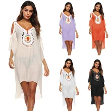 Летнее женское пляжное платье-туника, сексуальное длинное пляжное платье с глубоким v-образным вырезом и открытыми плечами, пляжное платье-накидка Sarong A7