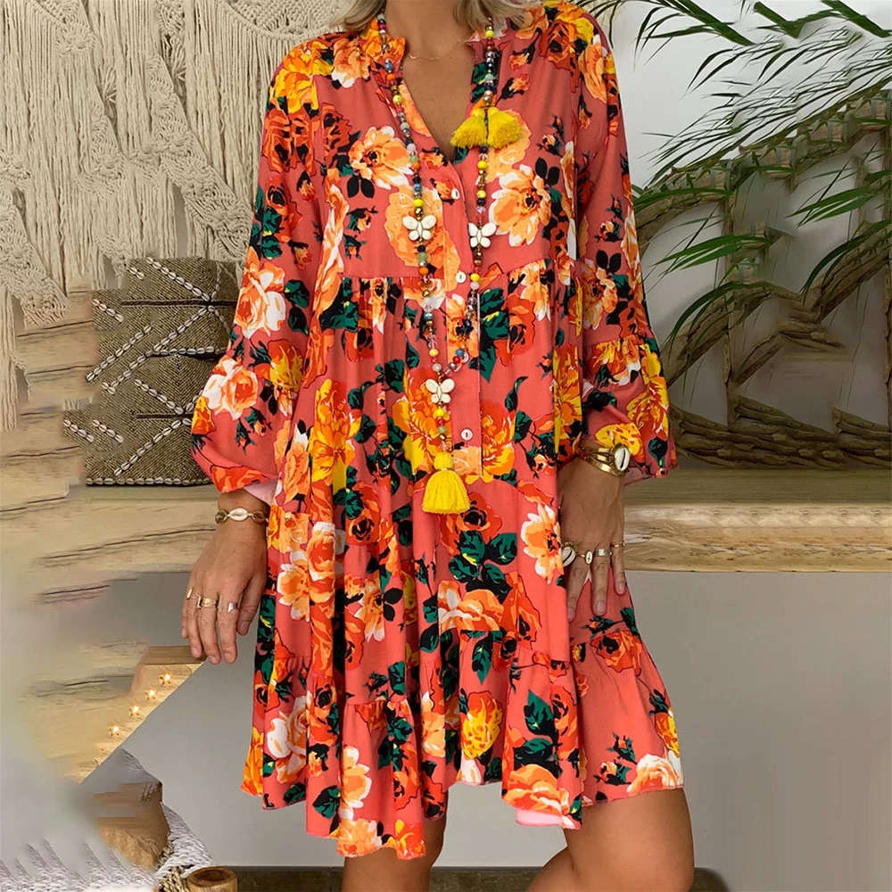 

2019 Autumn Long Sleeve Vestido Femme Loose Top Trendy Brand Women Bohemian Neck Tie Vintage Printed Ethnic Style Dress