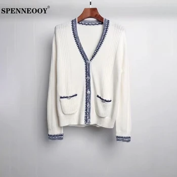 

SPENNEOOY Designer Custom Runway Autumn Women V-Neck Knitting Cardigans Ladies Long Sleeve Pockets Fashion Casual Sweater