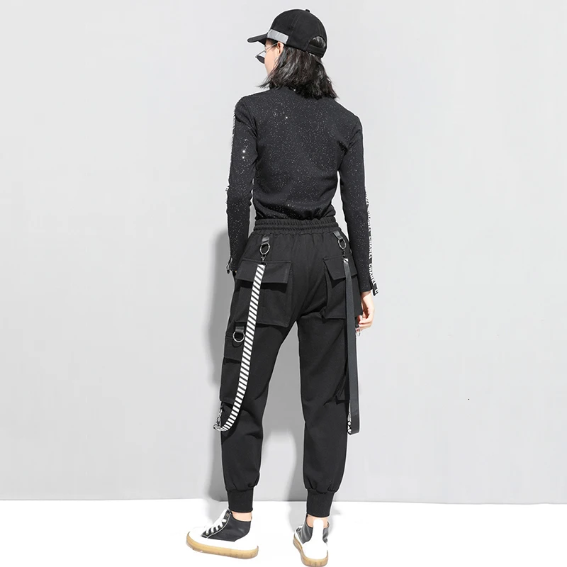 [EAM] Черные Длинные шаровары с высокой эластичной талией и карманами, новинка, свободные брюки, женские модные весенне-осенние 19A-a233