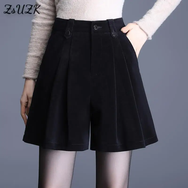 

Women Composite Velvet Wide Leg Shorts Autumn Winter Zipper Fashion High Waist Loose Casual Boot Shorts Short Pants