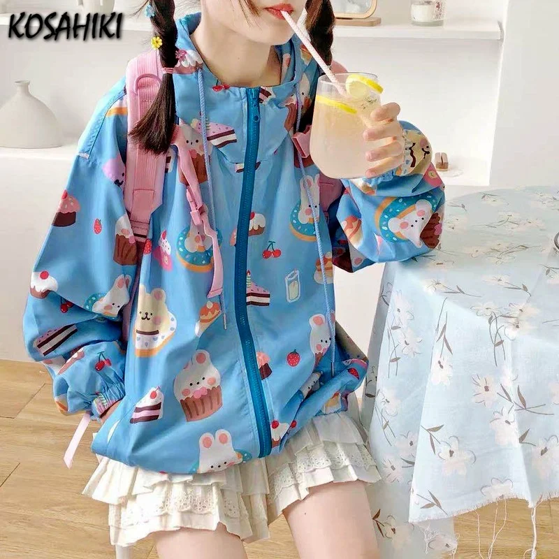 KOSAHIKI Anime Rabbit Print Zipper Hoodie Women Cute Japanese Sweatshirt Spring Kawaii Fashion Zip Up Hoodies Womens | Женская одежда