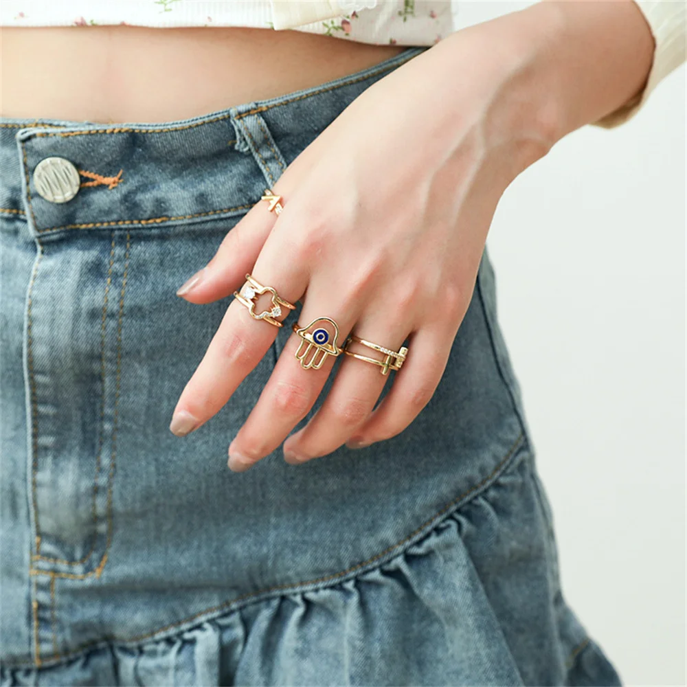 Hollow Fatima Hand Evil Eye Anello Aperto Per Le Donne Fahion Regolabile White Blue Eye Finger Ring Gioielli Turchi