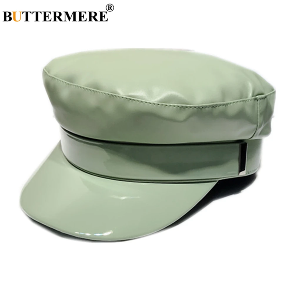 

BUTTERMERE Green Newsboy Cap Women Patent Leather Patchwork PU Baker Boy Hat Spring Autumn Brand Fashion Ladies Sailor Cap